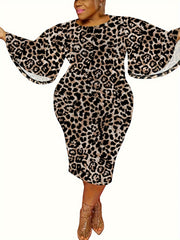 Women's Plus Leopard Print Bell Sleeve Round Neck Slim Fit Dress