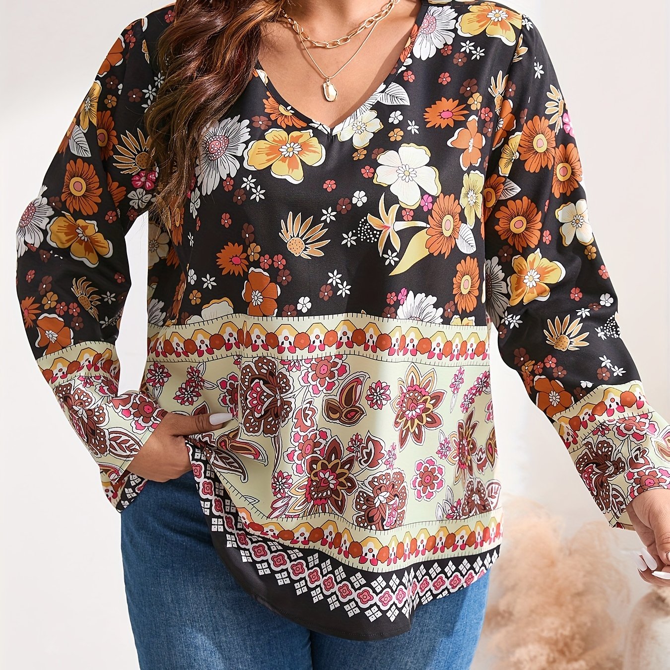 Boho Blouse Patchwork Print Long Sleeve V Neck Shirt Top
