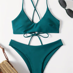 Dark Green Criss Cross Tie Back Bikini Swimsuit