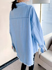 Women's Plus Casual Denim Blouse Solid Button Long Sleeve