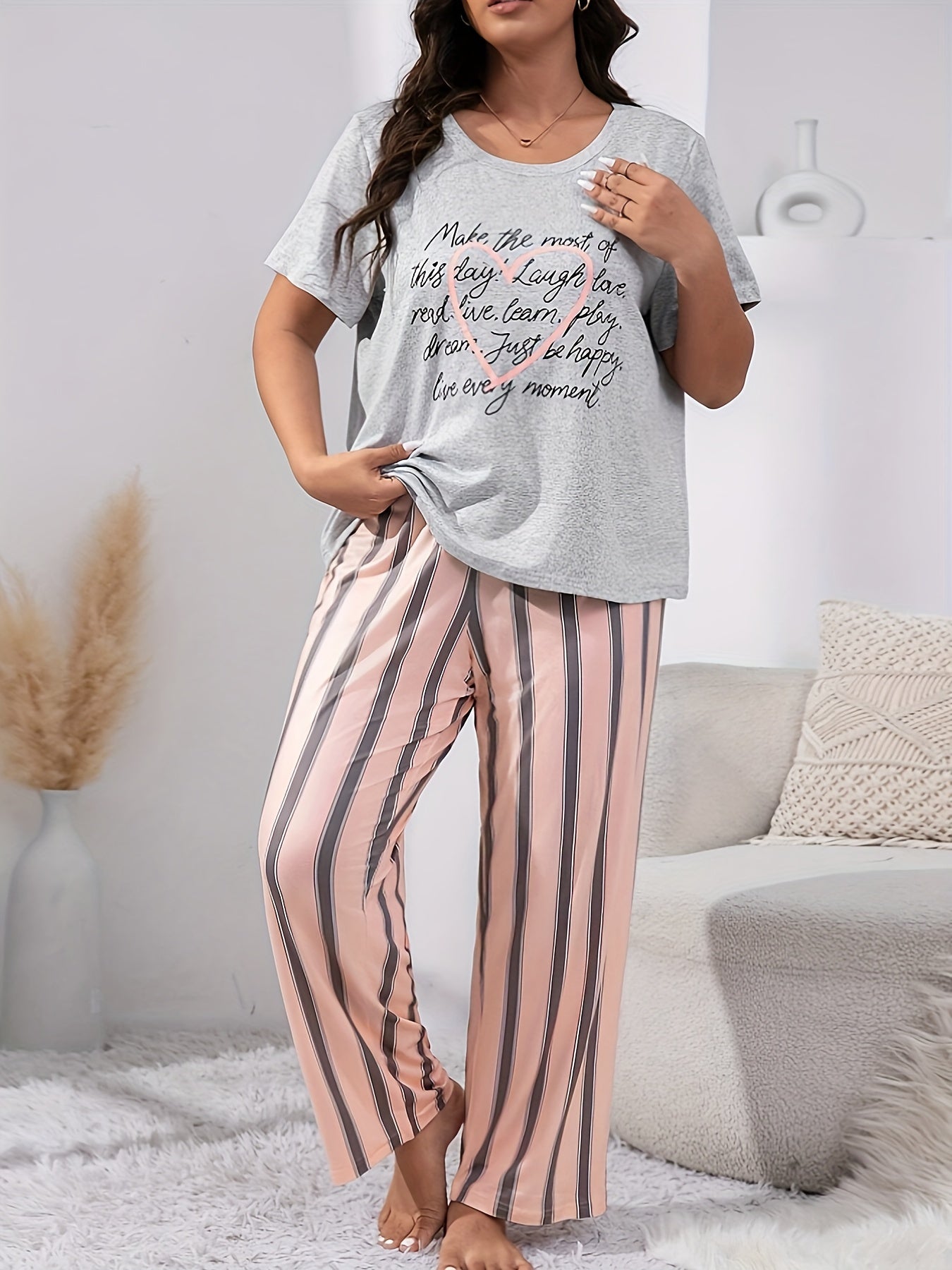  Heart & Slogan Print Tee & Striped Pants Lounge Set