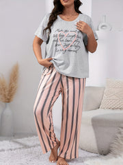  Heart & Slogan Print Tee & Striped Pants Lounge Set