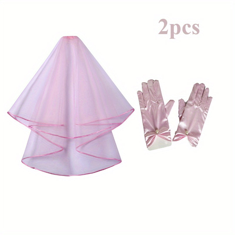 Bridal Veil Pearl Gloves Short Satin Edge Net Veil Wedding Bachelorette Party