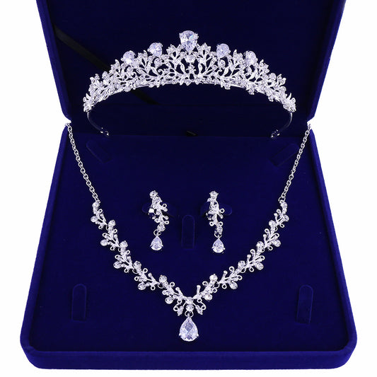 Crystal Leaf Bridal Jewelry Sets Rhinestone Crown Tiaras Necklace Earrings Set