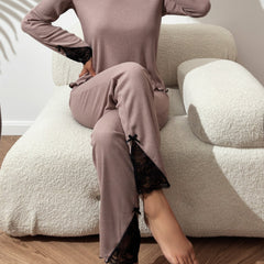 Lace Stitching Pajama Set Long Sleeve Top & Cozy Pants Women's Sleepwear