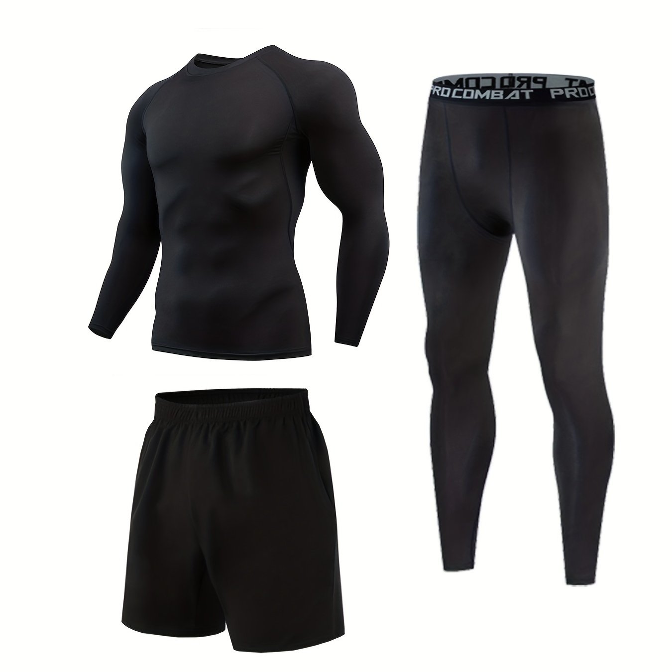 Men's Compression Crew Neck Shirt & Pants 3-Piece Set for Outdoor Fitness