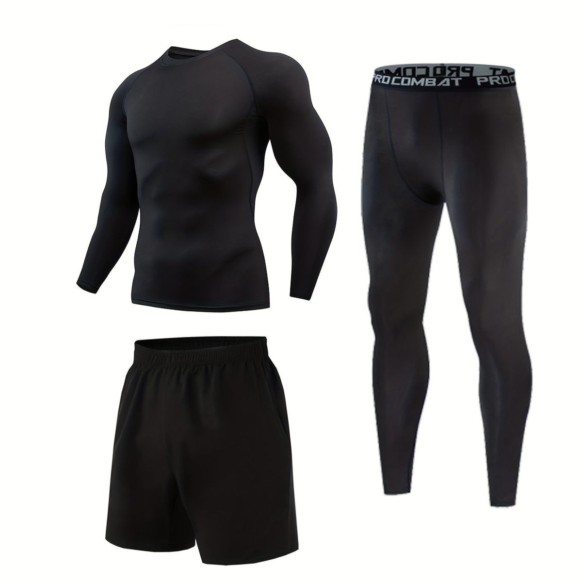 Men's Compression Crew Neck Shirt & Pants 3-Piece Set for Outdoor Fitness