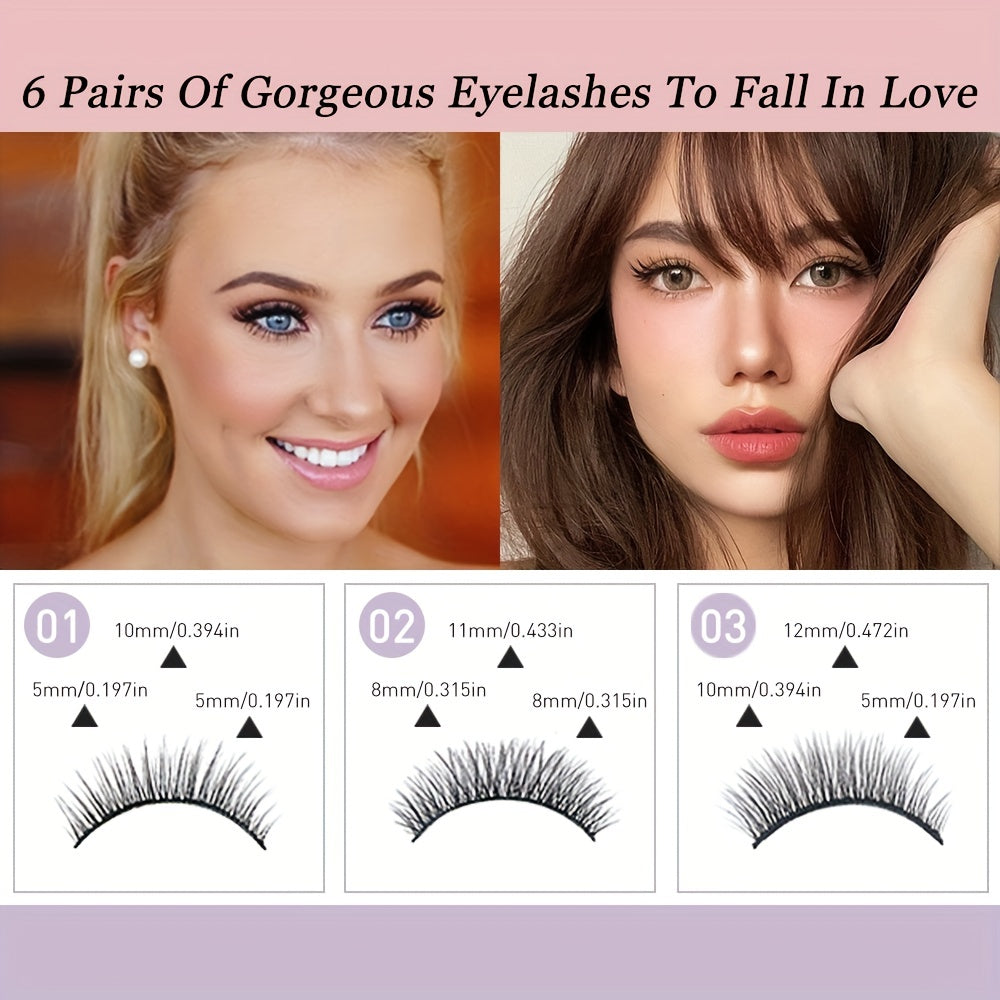 6 Pairs Eyelashes & Eyeliner Kit 3D Natural Look Lashes Easy Wear Waterproof