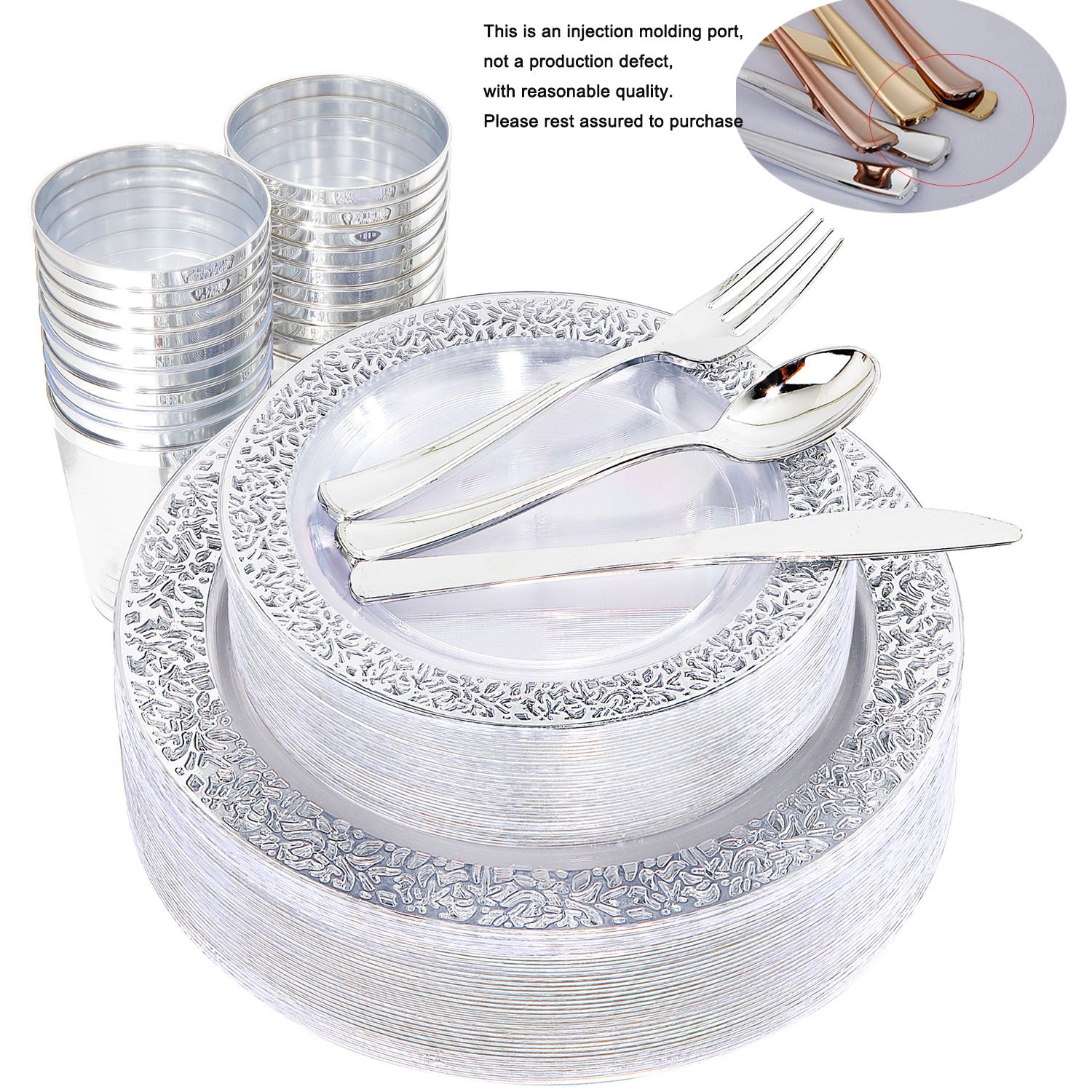 150 PCS Silvery Dinnerware Set - Plates, Silverware, Cups