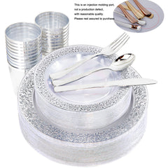 150 PCS Silvery Dinnerware Set - Plates, Silverware, Cups
