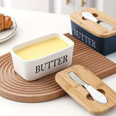 Ceramic Butter Dish With Bamboo Lid - Kitchen Sealed Jar