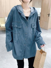 Plus Size Hooded Denim Blouse Long Sleeve Button Up