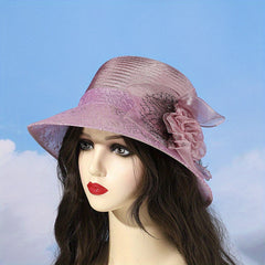 Mesh Flower Decor Bucket Hat British Style Solid Thin Basin Hat