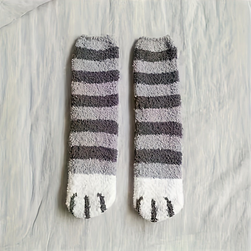 Autumn Winter Coral Fleece Mid-calf Socks Cat Claw Plush Thickened