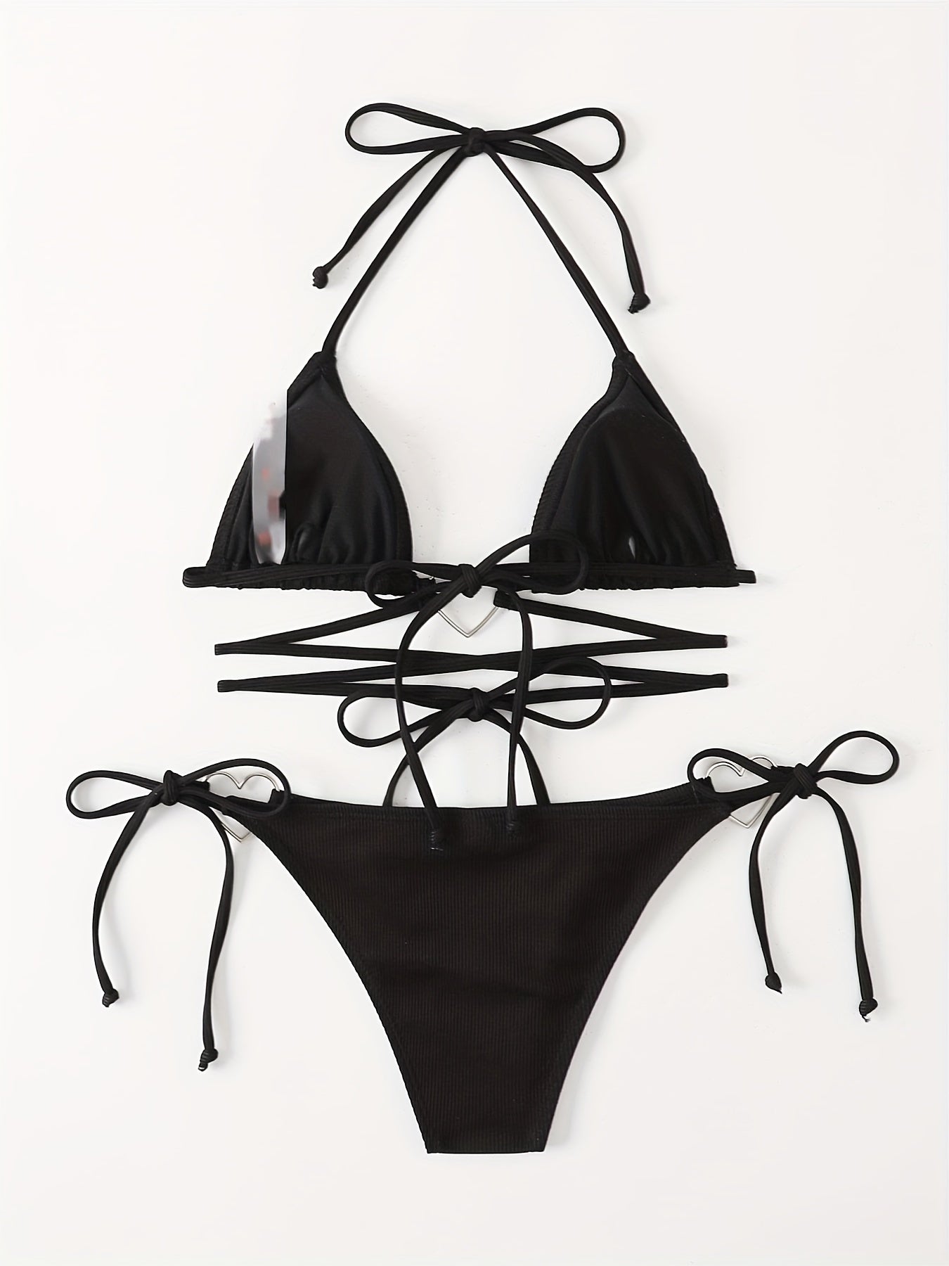 Heart Linked Halter Neck Rib Knit Bikini Set