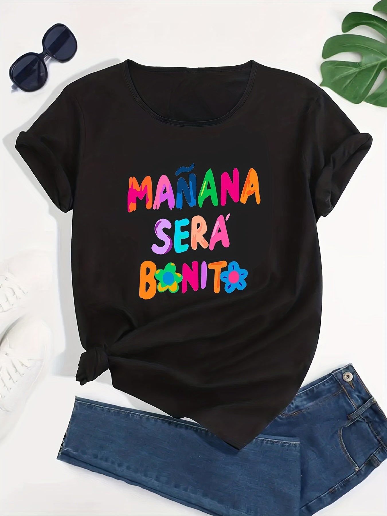 Women's Casual Sporty Graphic Tee Colorful Letters Loose Fit