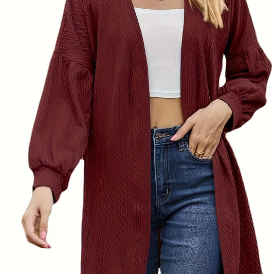  Solid Jacquard Lantern Sleeve Open Front Cardigan