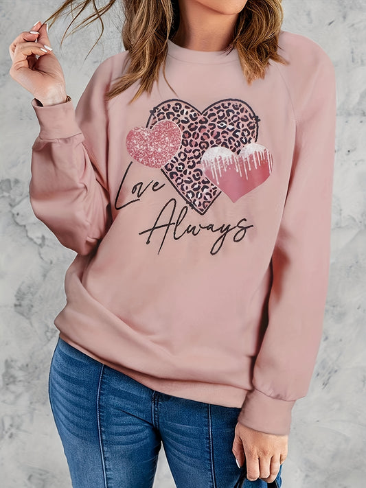 Love Always Heart Print Sweatshirt Crew Neck Long Sleeve