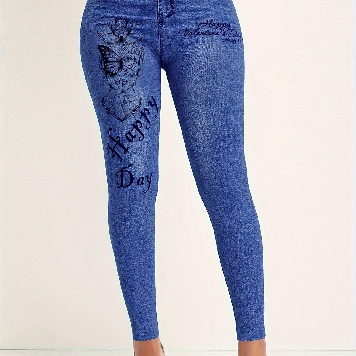  Denim Butterfly Print High Rise Leggings