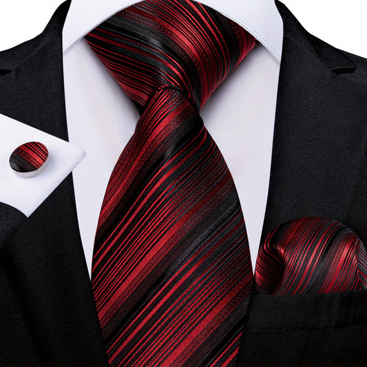 Silk Striped Necktie Red Green Tie Set for Men Wedding