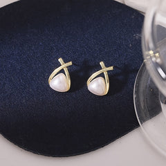 Geometric Triangle Faux Pearl Stud Earrings Female Temperament Ear Jewelry