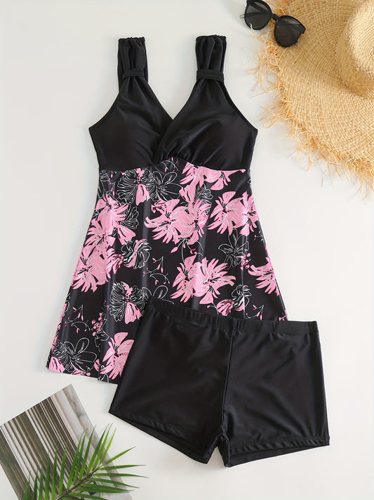 Floral Print V Neck 2 Piece Tankini Swimsuit Women's Swimwear