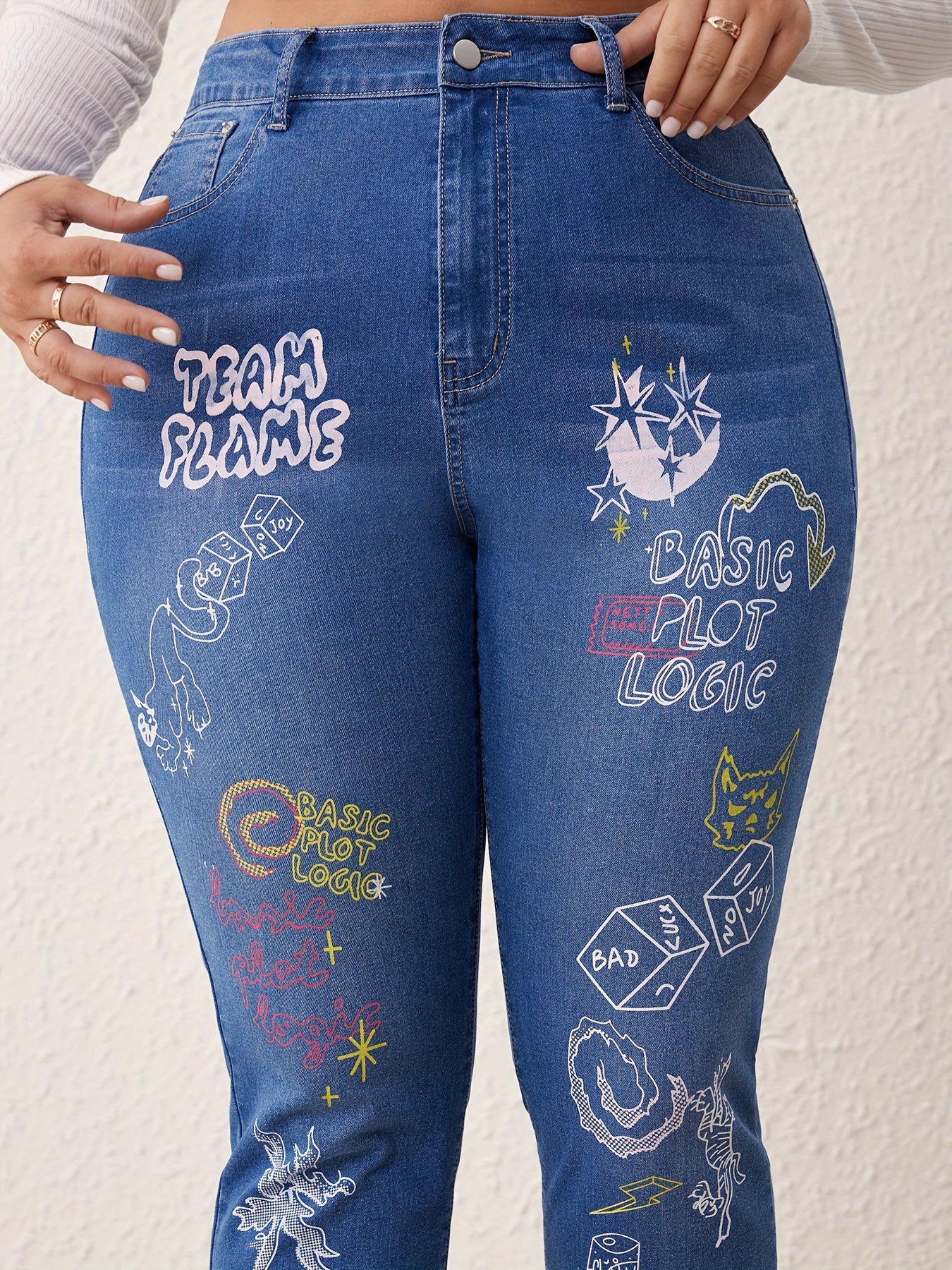  Casual Jeans Women's Plus Graphic Print High Stretch Jeans
