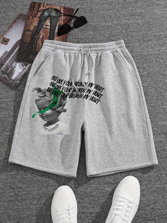 Snake & Child Statue Comfy Shorts Men's Casual Elastic Waist Drawstring Shorts