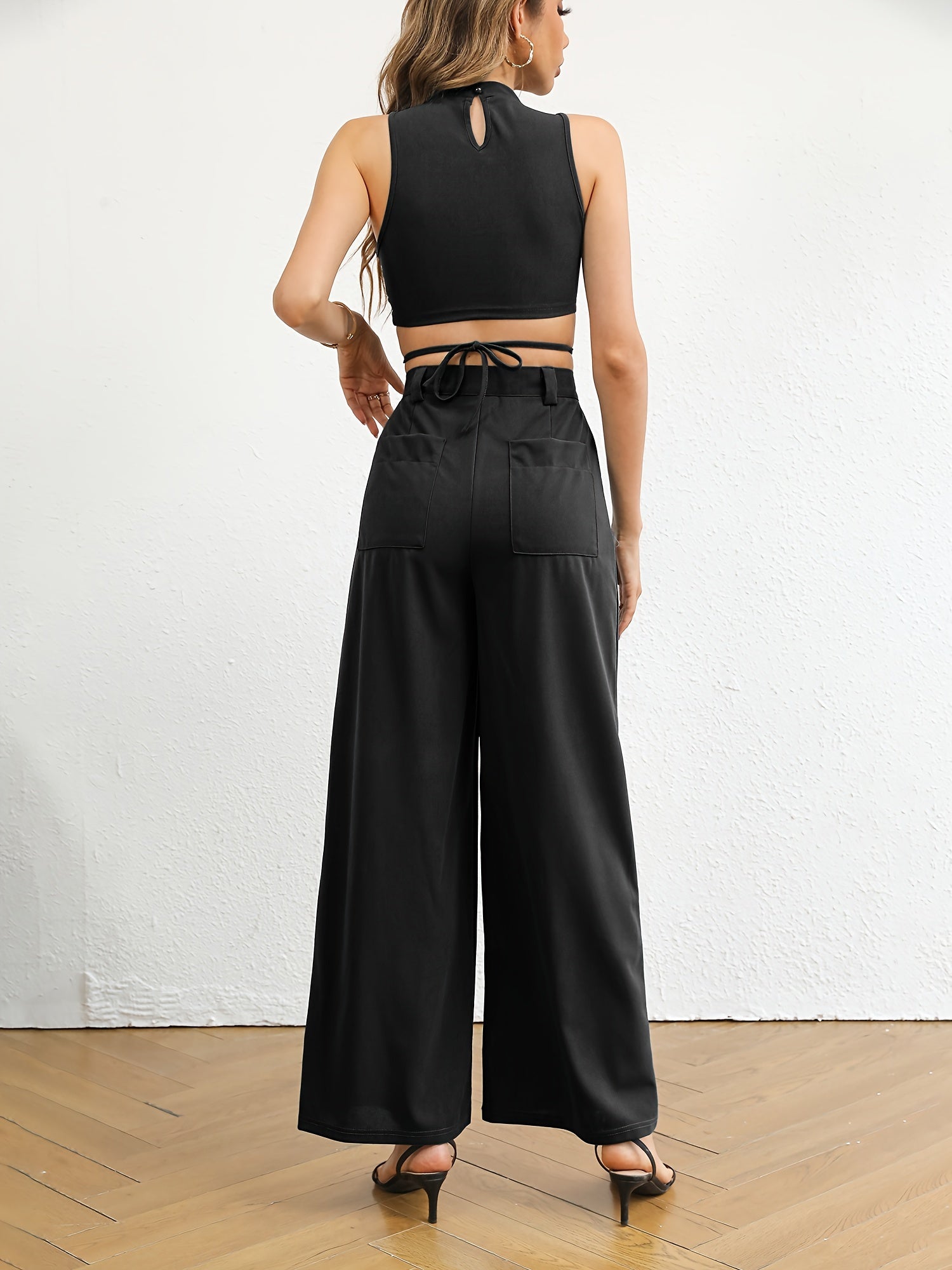Solid Slim Two piece Set Tie Back Mock Neck Top & High Waist Wide Leg Pants