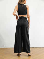 Solid Slim Two piece Set Tie Back Mock Neck Top & High Waist Wide Leg Pants