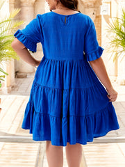  Solid Short Sleeve Ruffle Trim Smock Dress