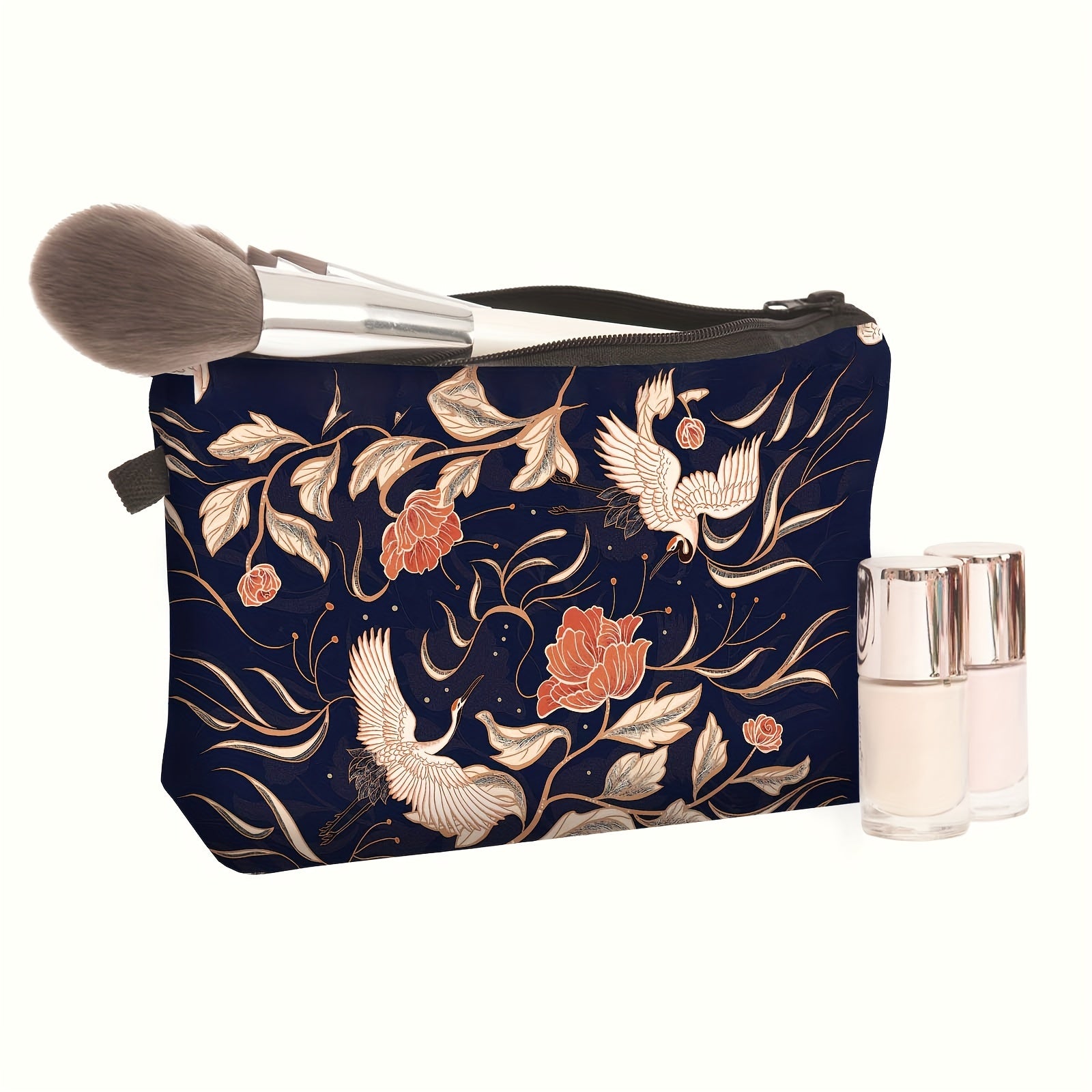 Chinese Peony Crane Print Makeup Pouch Retro Cosmetic Travel Bag