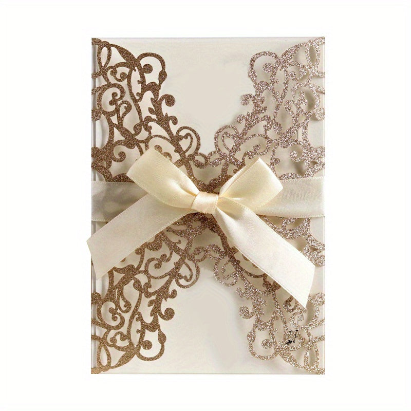 10pcs Glitter Paper Laser Cut Wedding Invitation Card Customize Card With Ribbon