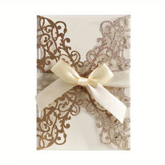 10pcs Glitter Paper Laser Cut Wedding Invitation Card Customize Card With Ribbon