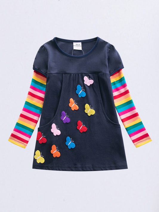 Girls Butterfly Embroidered Dress Long Sleeve
