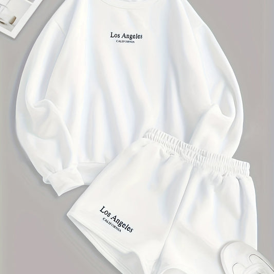  Women's Letter Print Long Sleeve Pullover Top & Shorts Outfits