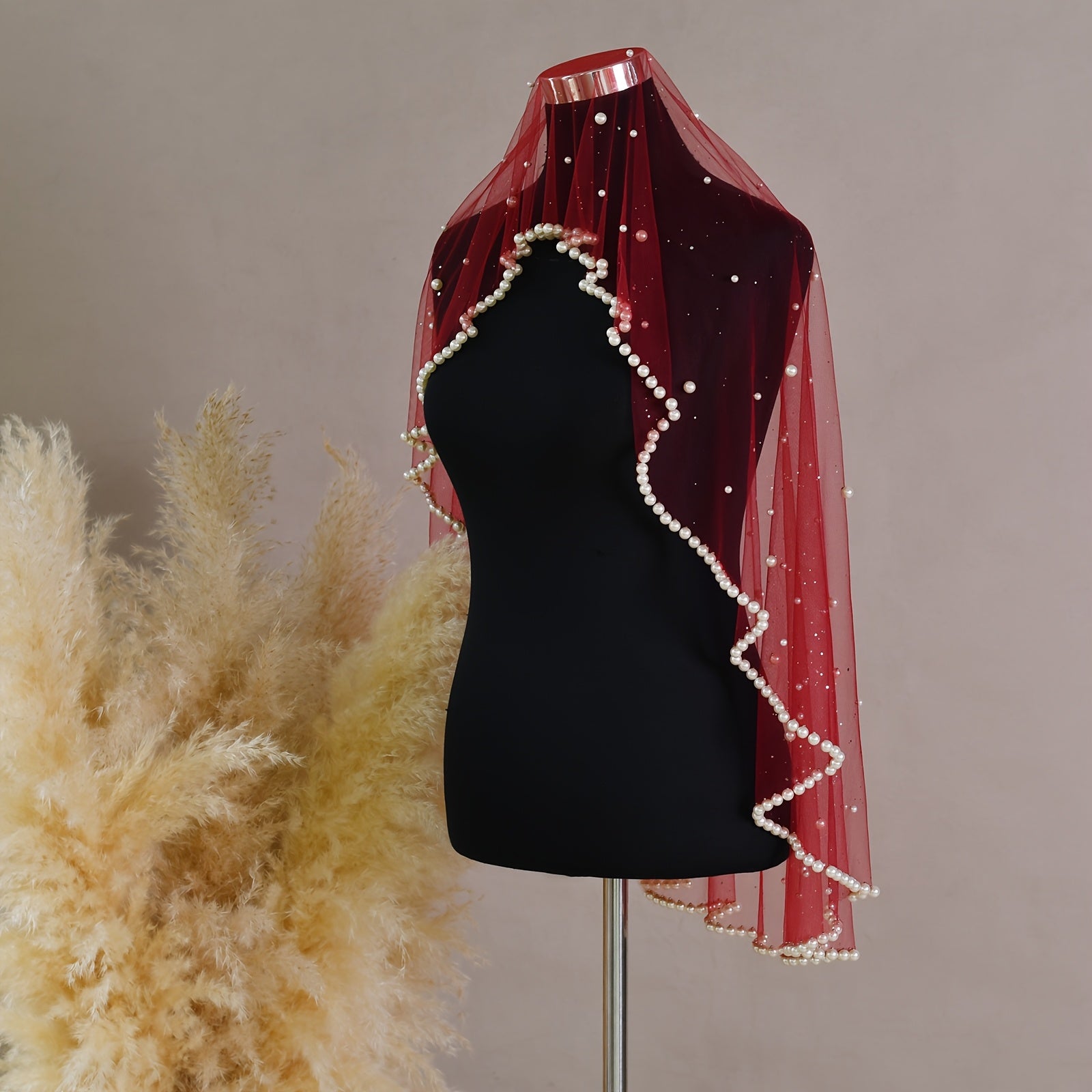 Faux Bridal Veil Red/Golden Wine Soft Nylon Tulle Beaded Edge Hand Wash