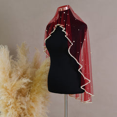 Faux Bridal Veil Red/Golden Wine Soft Nylon Tulle Beaded Edge Hand Wash