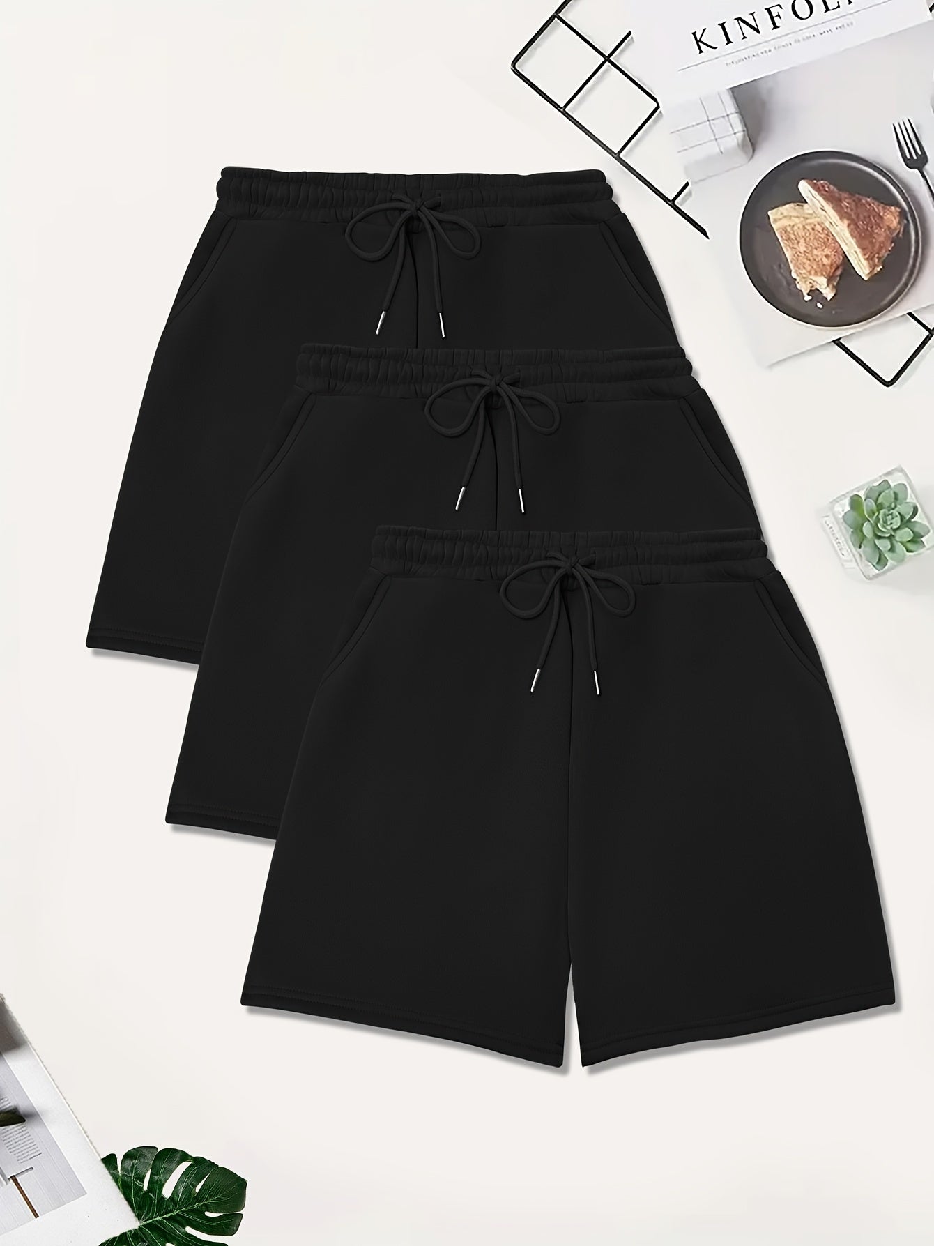 3-Pack Plus Size Casual Shorts Set Women's Plus Elastic Drawstring Fleece