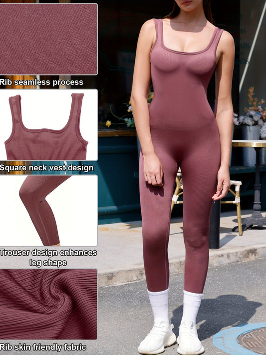 Women's Ribbed Sleeveless Jumpsuit Solid Yoga Activewear