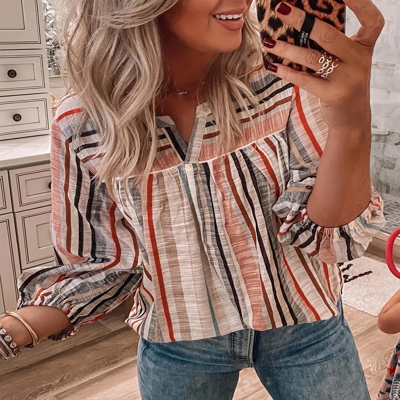  Colorblock Stripe Print Long Sleeve Shirt Top