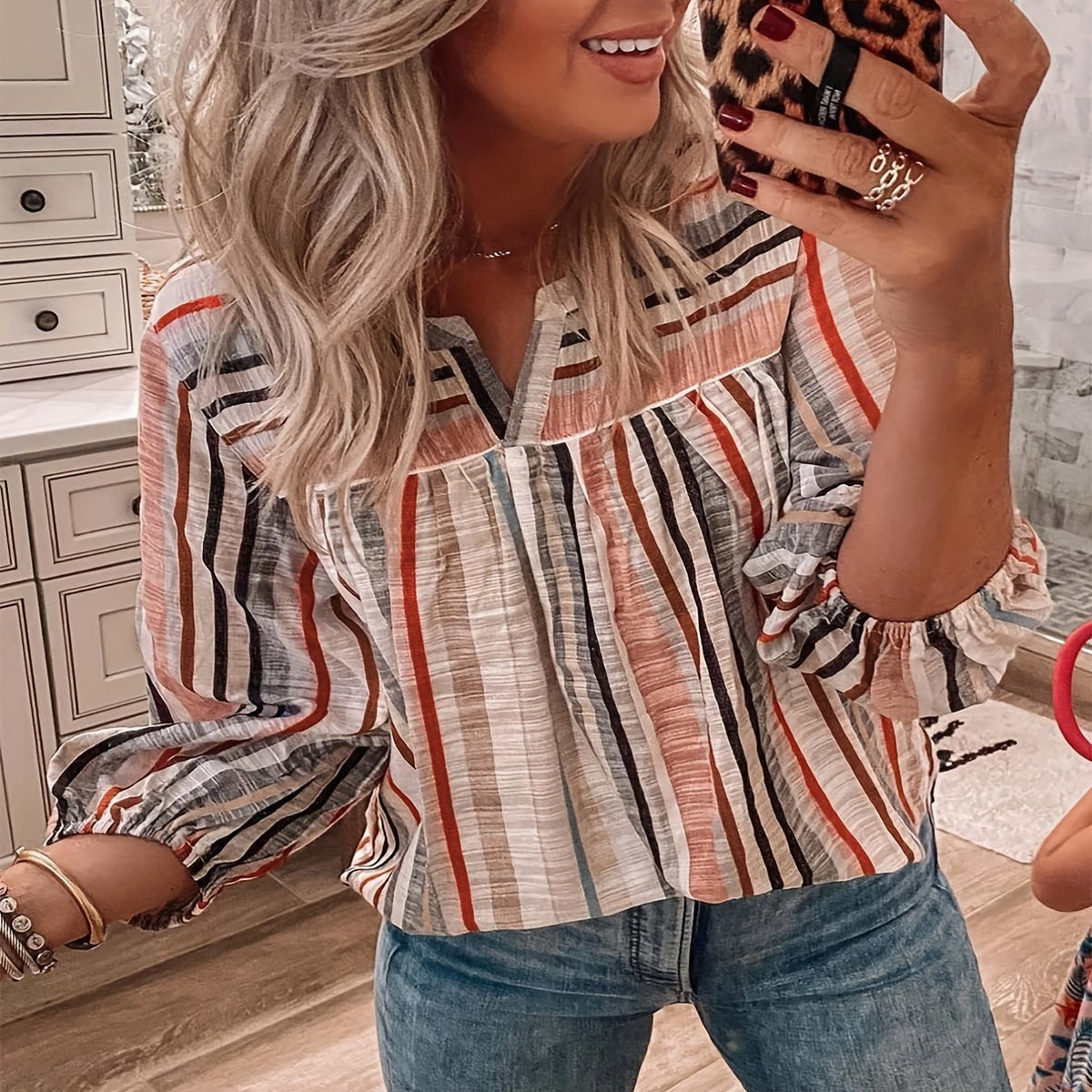  Colorblock Stripe Print Long Sleeve Shirt Top