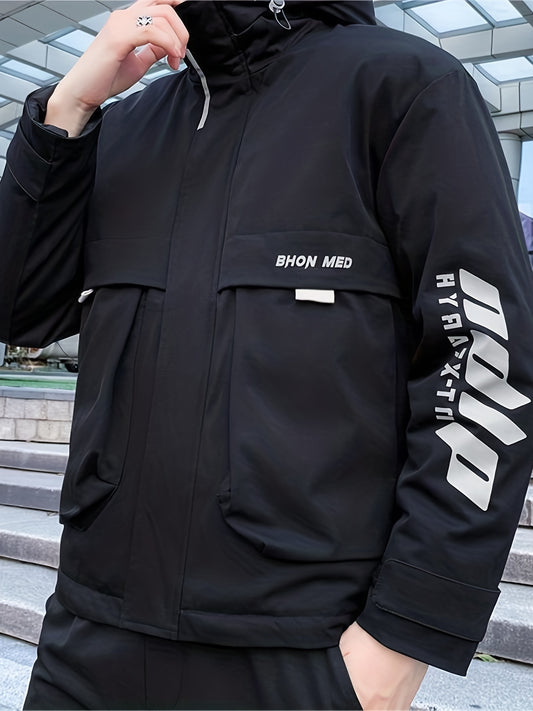 Men's Big Pocket Hooded Jacket Solid Zip Up Cotton Padded Jacket For Fall Winter