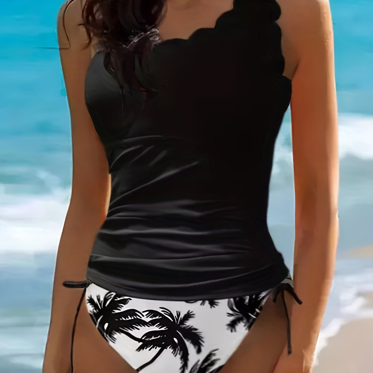 Coconut Tree One Shoulder Bikini Set Scallop Trim Two Piece Swimsuit