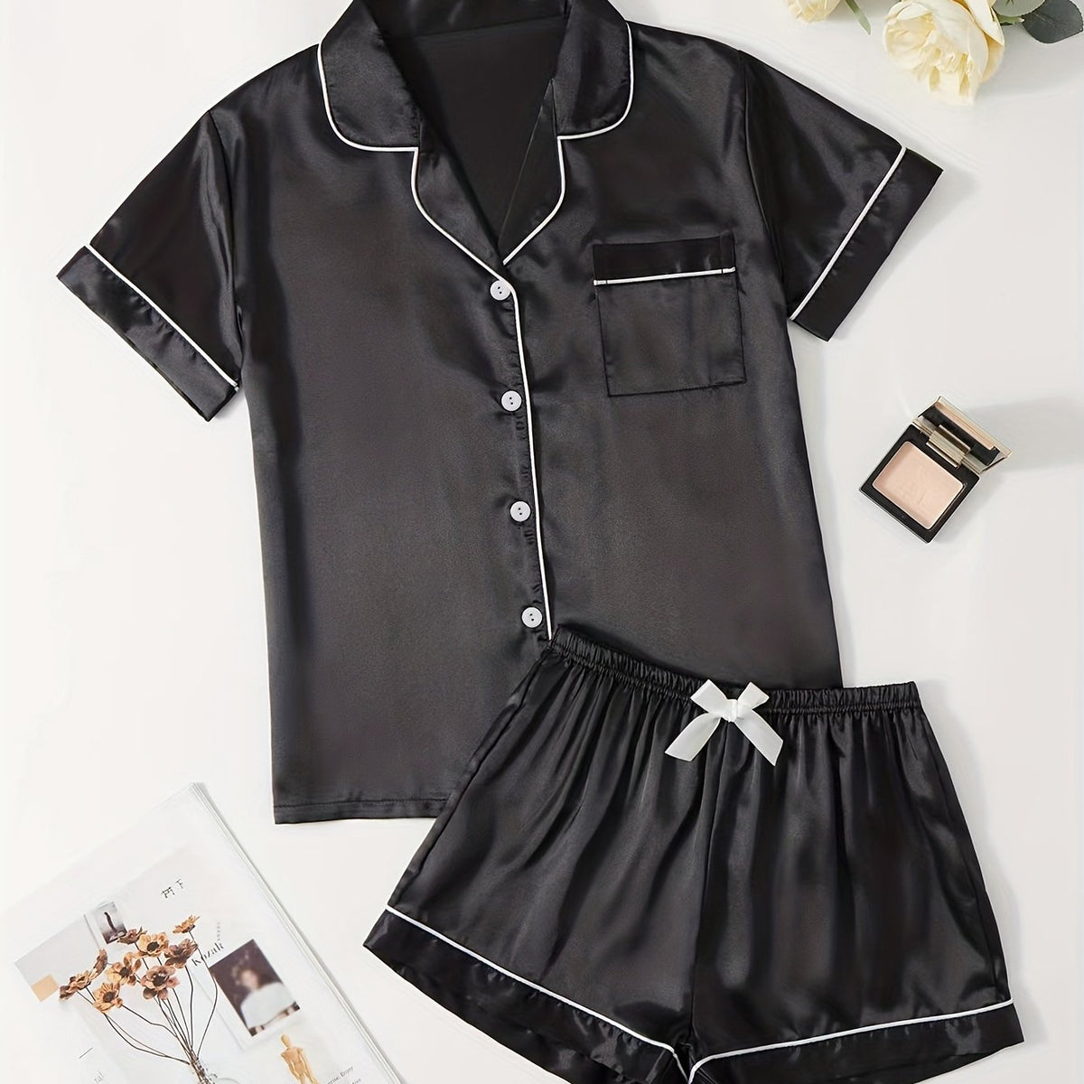 Satin Pajamas Set Short Sleeve Top & Shorts