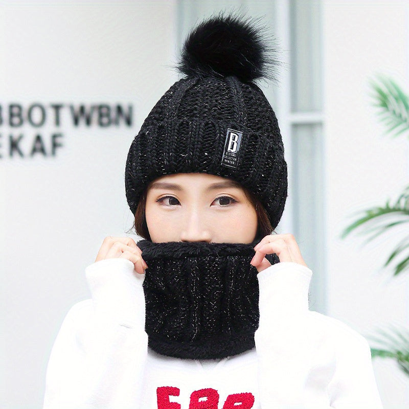 2pcs Beanie & Scarf Set Winter Warm Pompom Knit Hat & Ribbed Loop Scarf