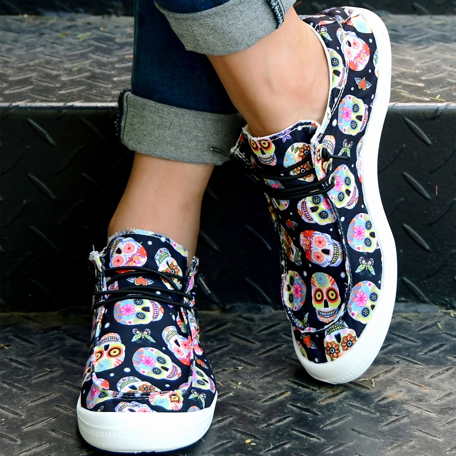 Women's Skull Print Canvas Slip-On Flat Halloween Shoes