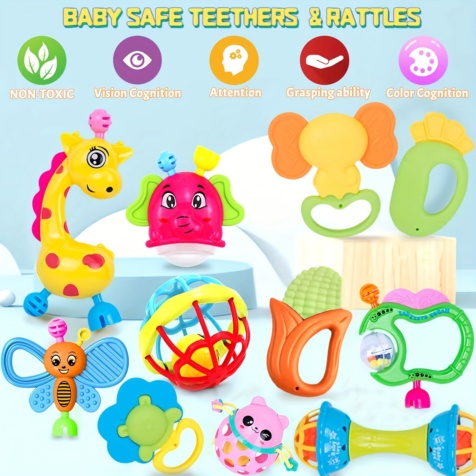 11pcs Baby Rattles Toys for 0-6 Months - Sensory Toy Set for Newborn Boy Girl