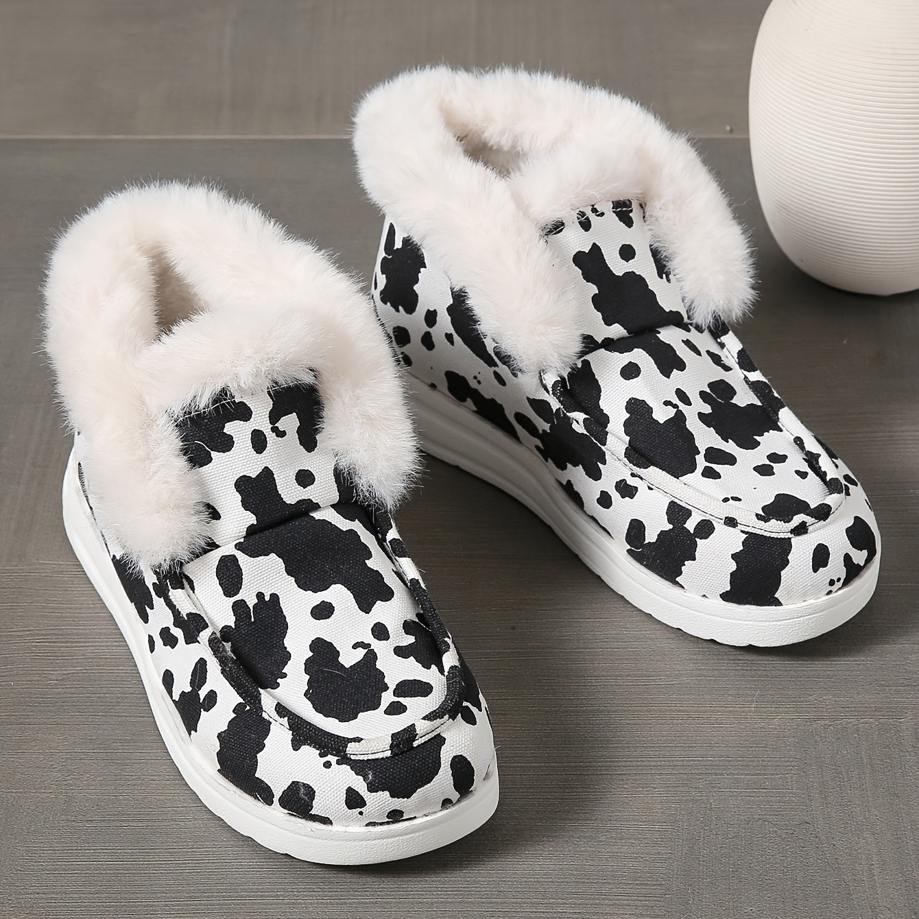 Cow Print Snow Boots Warm Plush Lined Slip On Flat Shoes