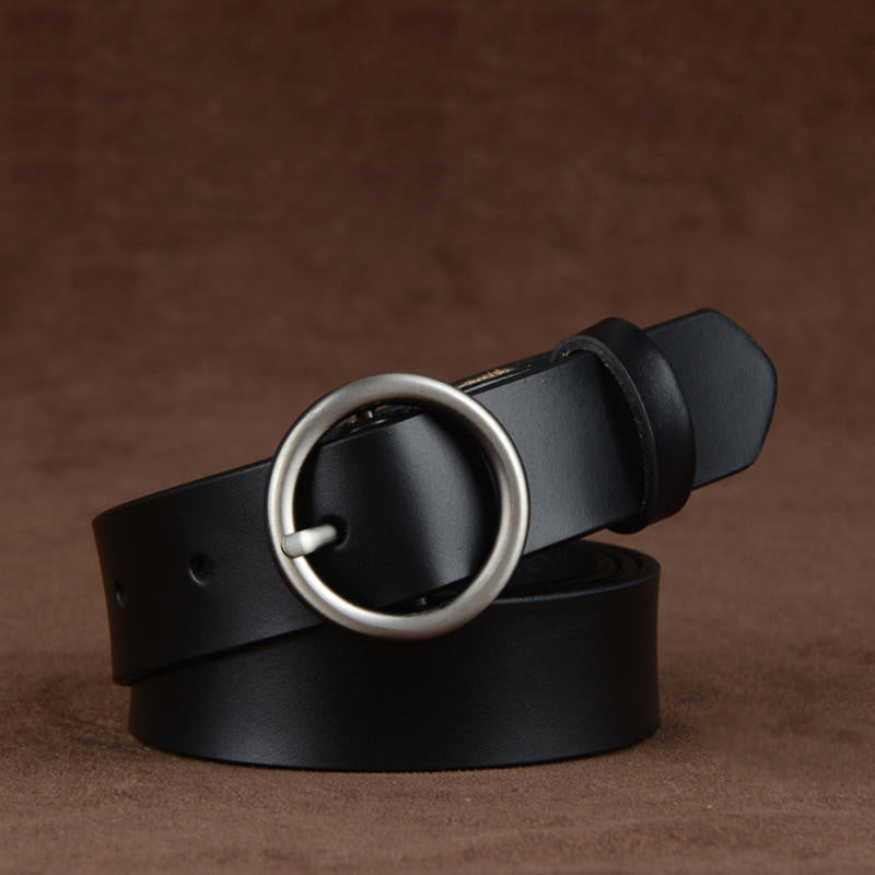 Round Buckle Leather Belt Women's Cowhide Casual Waist Belt